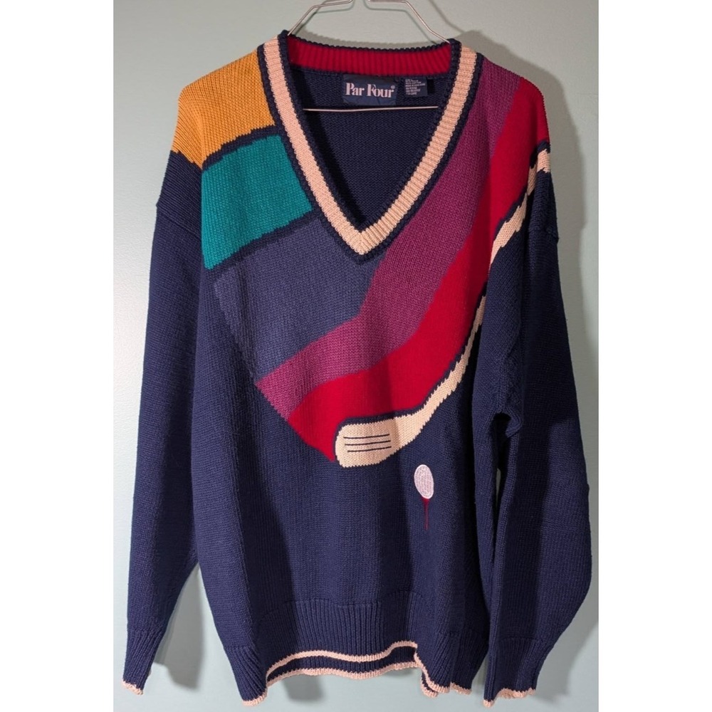 Vintage 80's Par Four Knit V-Neck Golf Sweater Size Large